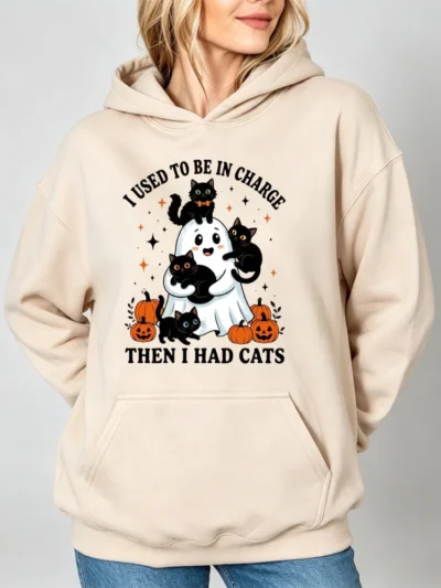 ⭐ “I Used to Be in Charge… Then I Had Cats” Ghost & Black Cat Halloween Hoodie