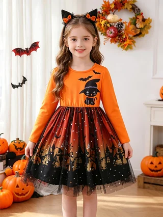 ⭐ Halloween Long‑Sleeve Cat & Bat Print Dress – Castle Tulle Puffy Skirt for Girls