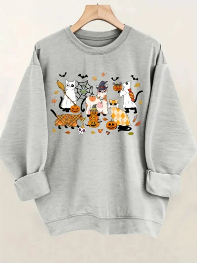 ⭐ Halloween Cat Graphic Pullover – Women’s Casual Long Sleeve Winter Top