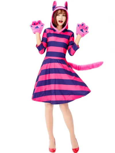 ⭐ Purple Stripe Cheshire Cat Cosplay Dress— Kawaii Smile Cat Party Outfit