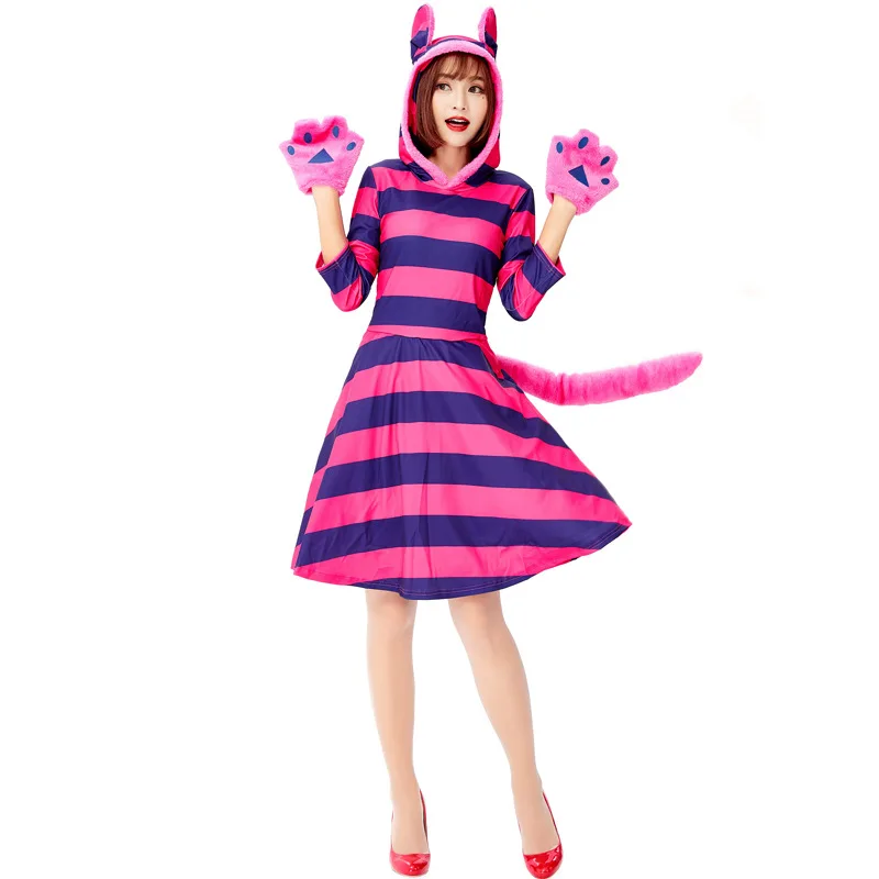 ⭐ Purple Stripe Cheshire Cat Cosplay Dress— Kawaii Smile Cat Party Outfit