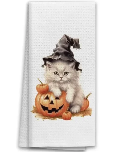 ⭐ Autumn Kitty & Pumpkin Towel – Simple Seasonal Kitchen Rag (1pc)