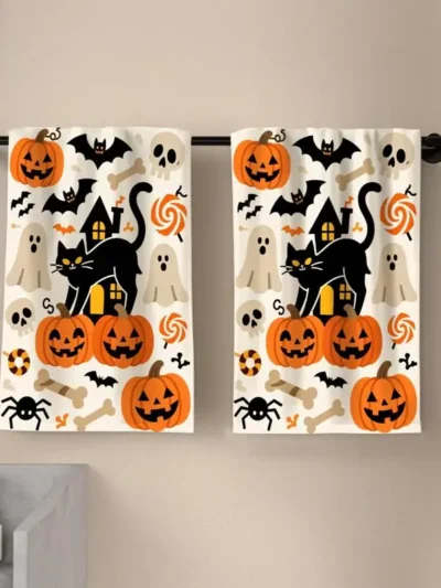 ⭐ Black Cat Harvest Towels – Cartoon Pumpkin Print (2pc Set)