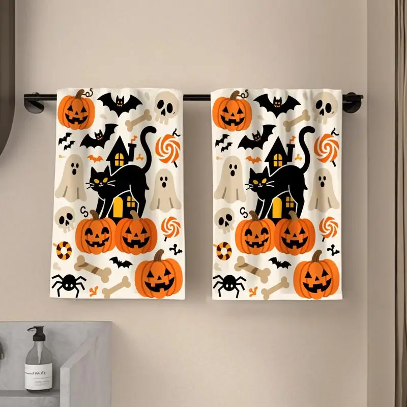 ⭐ Black Cat Harvest Towels – Cartoon Pumpkin Print (2pc Set)