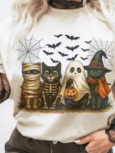 ⭐ Cute Ghost Cat Print T‑Shirt – Women’s Casual Halloween White Top