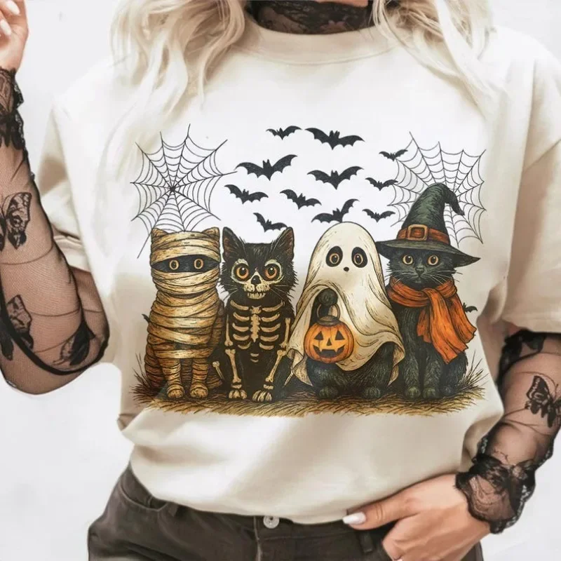 ⭐ Cute Ghost Cat Print T‑Shirt – Women’s Casual Halloween White Top