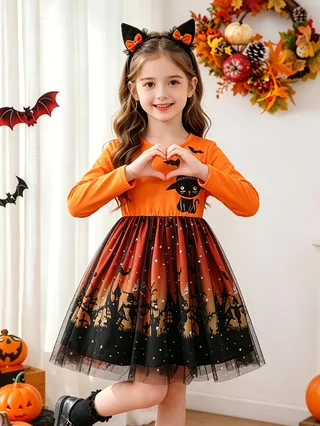 ⭐ Halloween Long‑Sleeve Cat & Bat Print Dress – Castle Tulle Puffy Skirt for Girls - Image 7