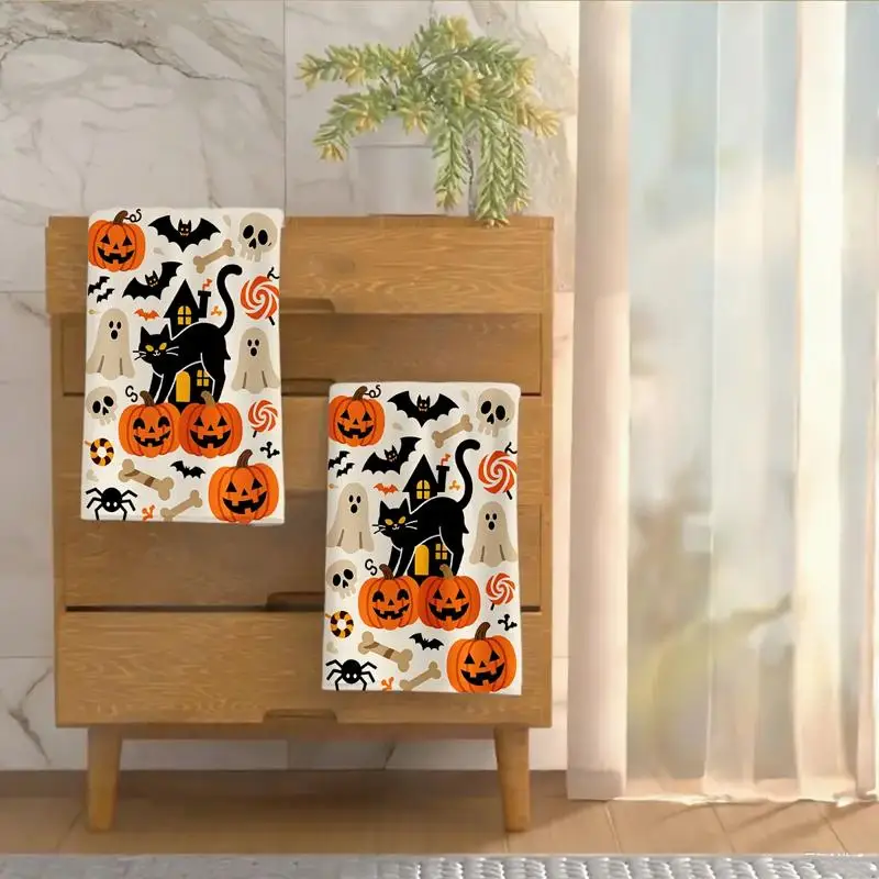 ⭐ Black Cat Harvest Towels – Cartoon Pumpkin Print (2pc Set) - Image 11