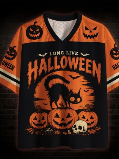 ⭐ Halloween Retro Gothic Cat Jersey – Vintage Pumpkin & Skull Graphic