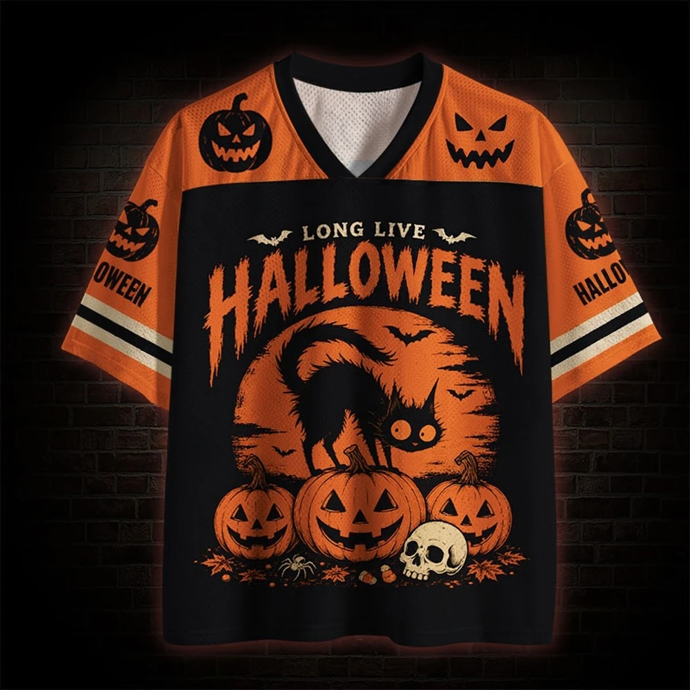 ⭐ Halloween Retro Gothic Cat Jersey – Vintage Pumpkin & Skull Graphic