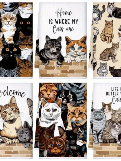 ⭐ Purr & Serve Kitchen Towels – Cat Pattern 6‑Pack