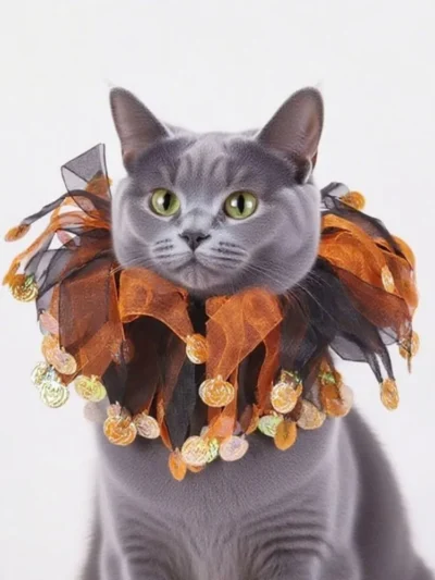 ⭐Kawaii Pumpkin Halloween Cat Costume – Adjustable Collar, Hat & Mesh Scarf Set