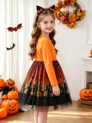 ⭐ Halloween Long‑Sleeve Cat & Bat Print Dress – Castle Tulle Puffy Skirt for Girls - Image 5