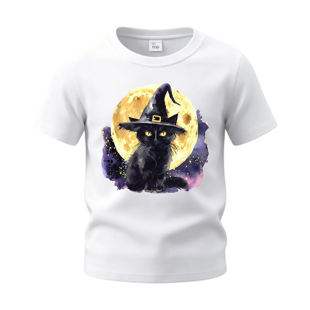 ⭐ Witch Cat Print Short‑Sleeve Shirt – Soft Cotton Halloween Tee for Children - Image 2