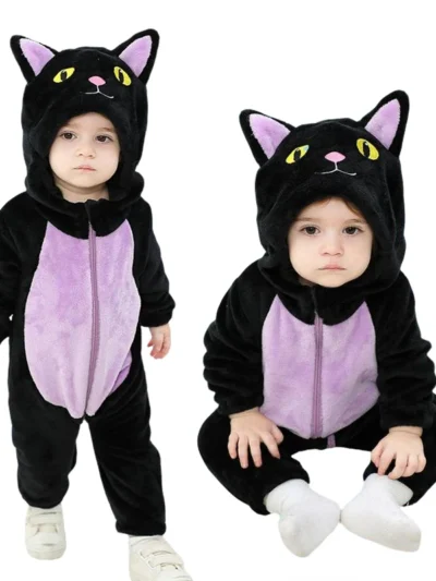 ⭐ Newborn & Toddler Cat Onesie – Warm Knit Flannel Halloween Hooded Jumpsuit