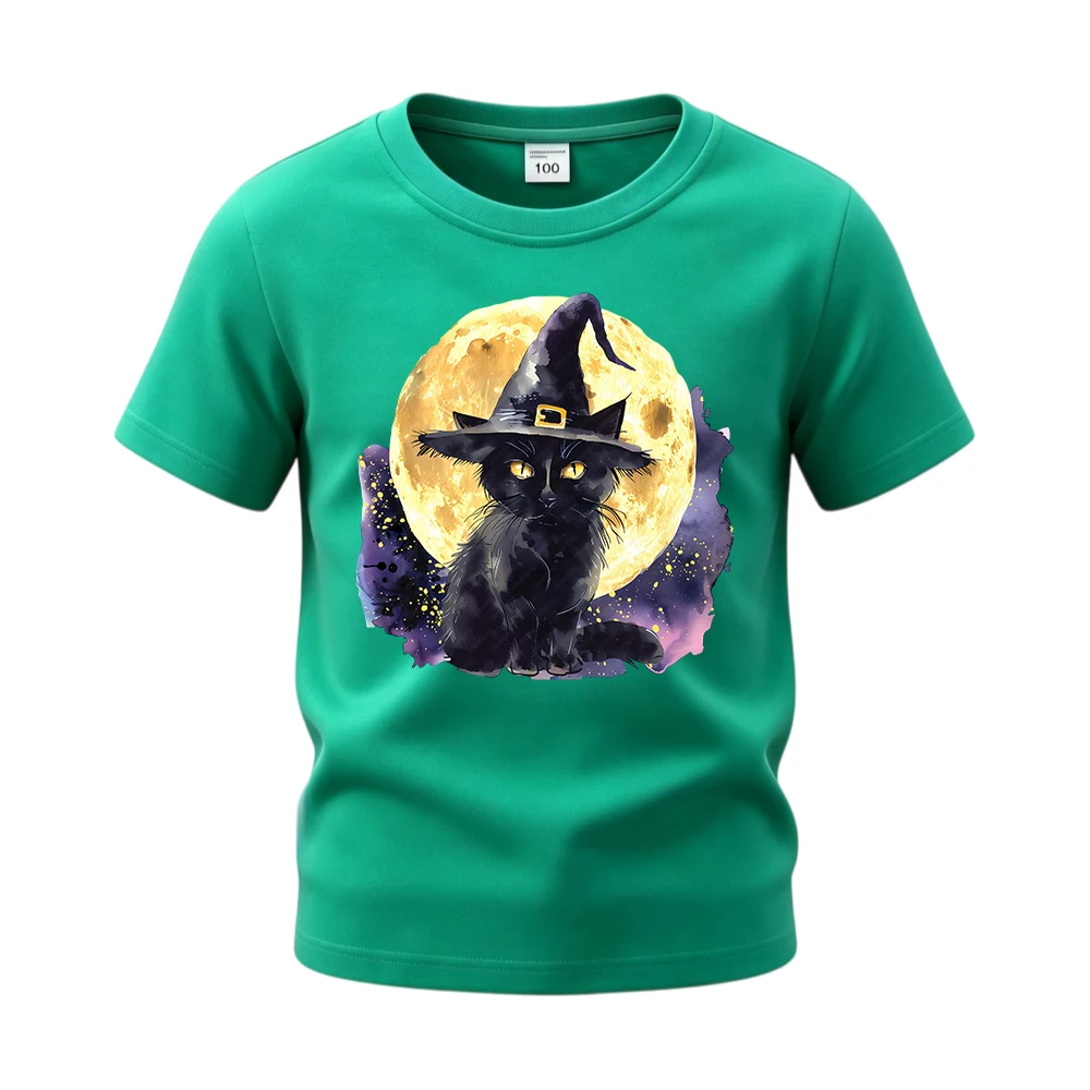 ⭐ Witch Cat Print Short‑Sleeve Shirt – Soft Cotton Halloween Tee for Children - Image 4