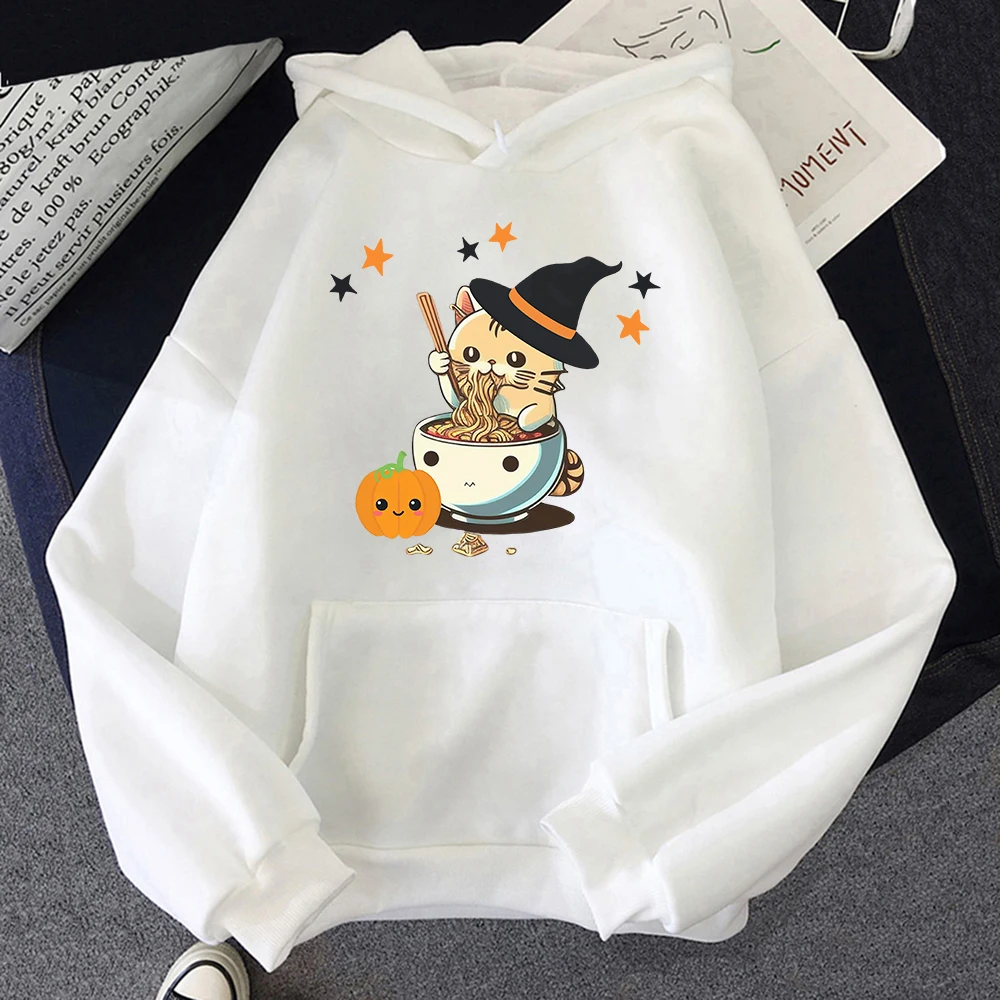 ⭐ Cute Halloween Cat Pullover – Women’s Vintage Ramen Flower Pumpkin Hoodie - Image 6