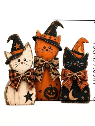 ⭐ 3pcs Retro Halloween Witch Cat Wooden Decor – Autumn Desktop Festival Set
