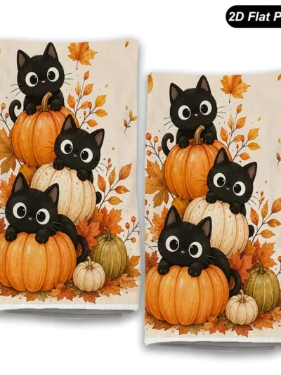 ⭐ Three Black Cats Harvest Towels – Pumpkin & Autumn Print (2pc)