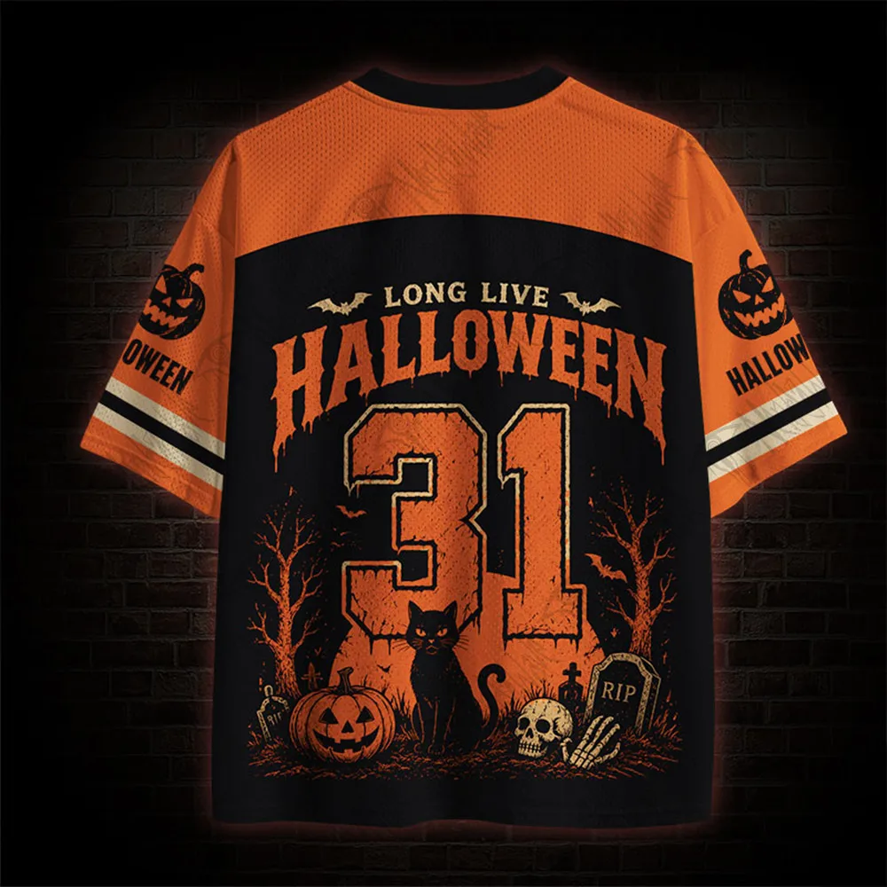 ⭐ Halloween Retro Gothic Cat Jersey – Vintage Pumpkin & Skull Graphic - Image 2