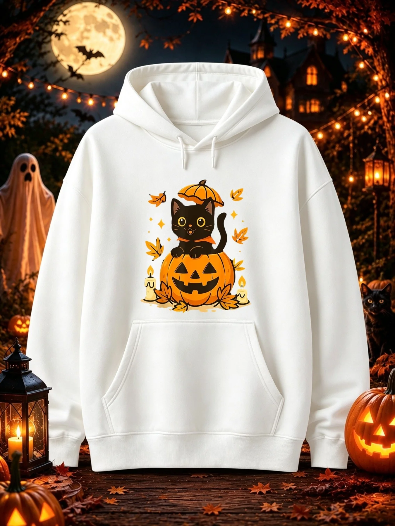 ⭐ Halloween Black Cat & Pumpkin Hoodie – Loose Fit Cartoon Graphic Streetwear