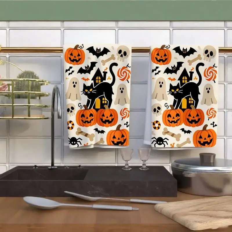 ⭐ Black Cat Harvest Towels – Cartoon Pumpkin Print (2pc Set) - Image 9