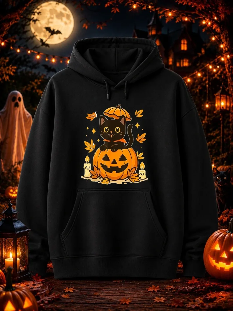 ⭐ Halloween Black Cat & Pumpkin Hoodie – Loose Fit Cartoon Graphic Streetwear - Image 9