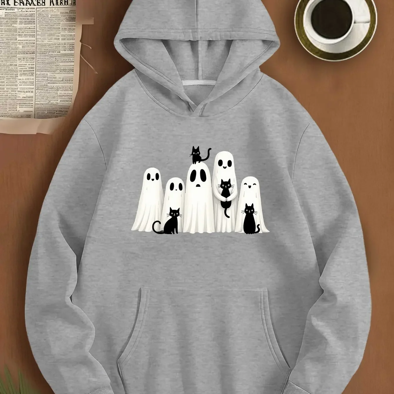 ⭐ Cartoon Ghost Family Hoodie – Black Cat Fall Halloween Oversized Sweatshirt - Image 3