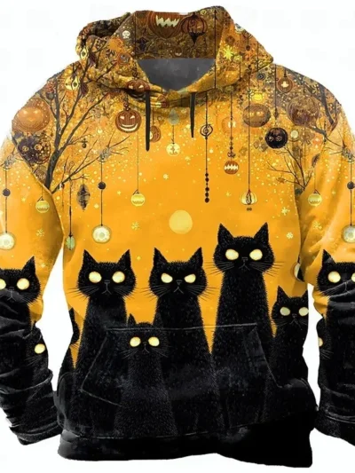 ⭐ Men’s Halloween Cat Pumpkin Hoodie – Punk Streetwear Fall Pullover