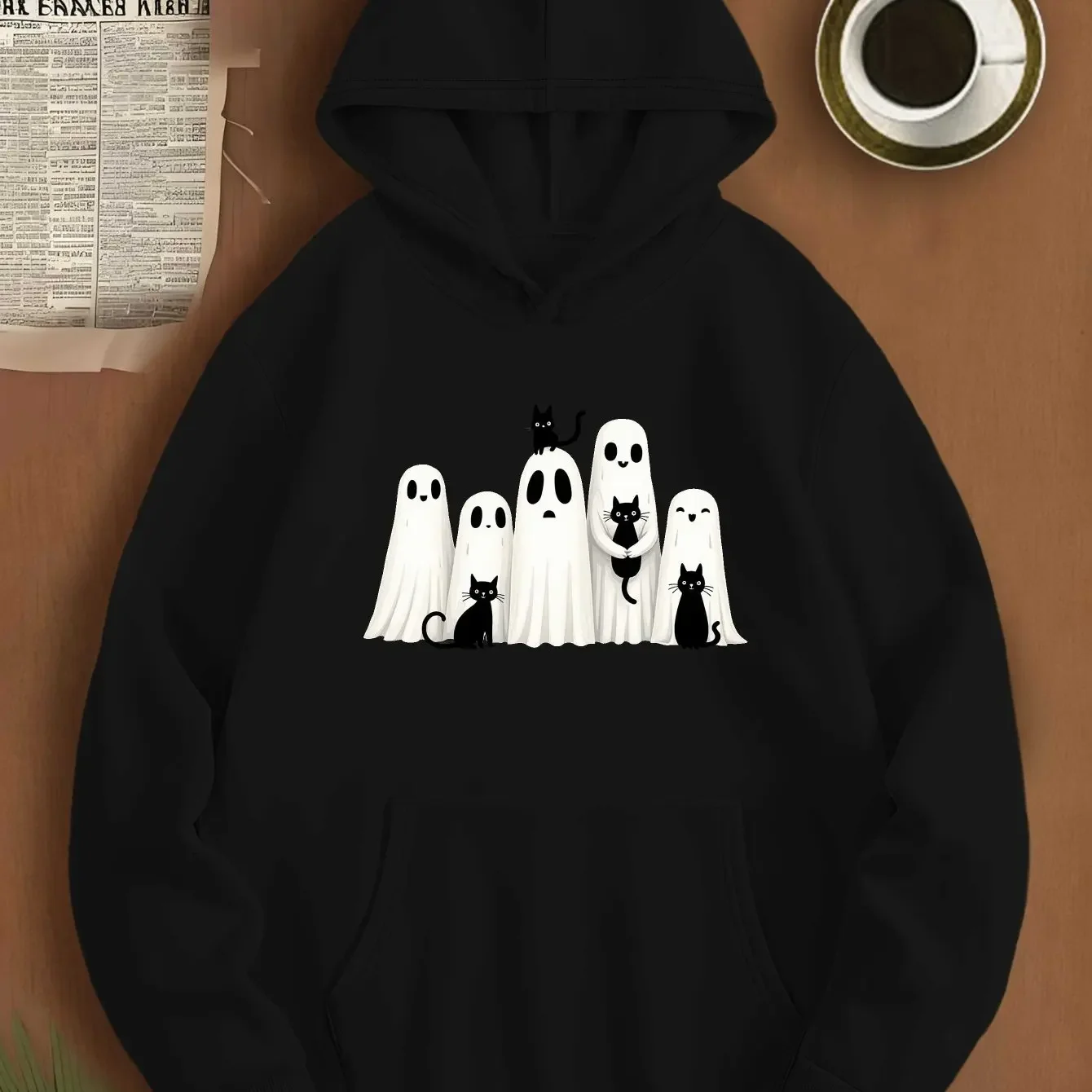 ⭐ Cartoon Ghost Family Hoodie – Black Cat Fall Halloween Oversized Sweatshirt - Image 2