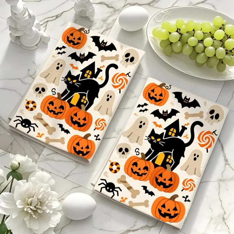 ⭐ Black Cat Harvest Towels – Cartoon Pumpkin Print (2pc Set) - Image 10