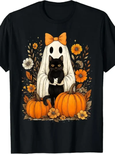⭐ Groovy Floral Ghost Holding Black Cat Tee – Vintage Halloween T‑Shirt