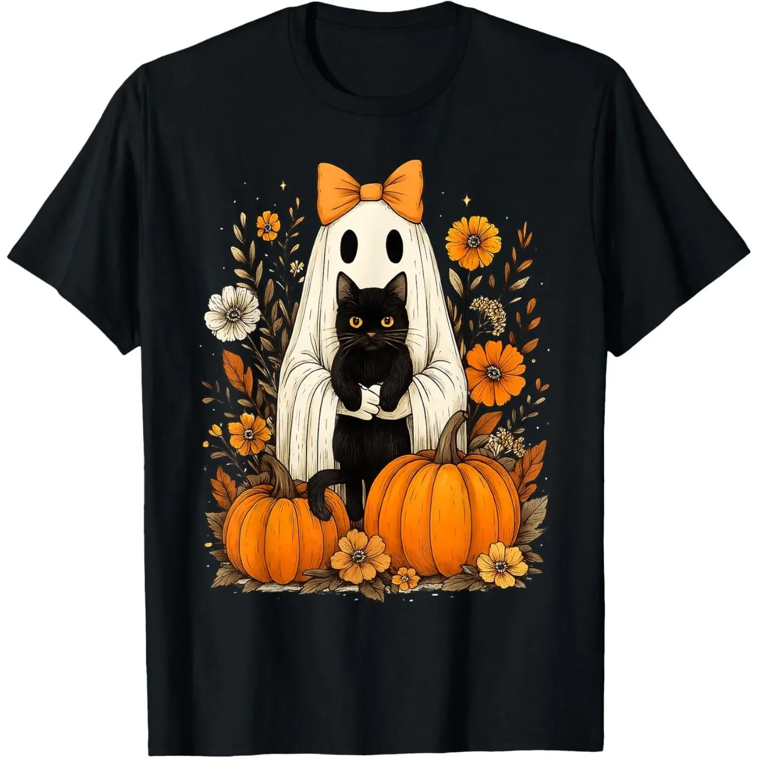 ⭐ Groovy Floral Ghost Holding Black Cat Tee – Vintage Halloween T‑Shirt