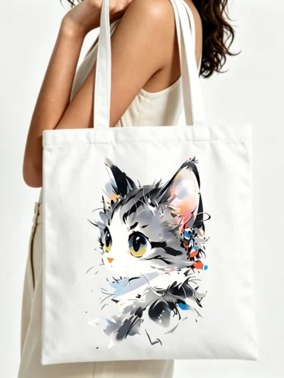 ⭐ Playful Kitty Canvas Tote – Daily Shopping & Casual Outings Bag