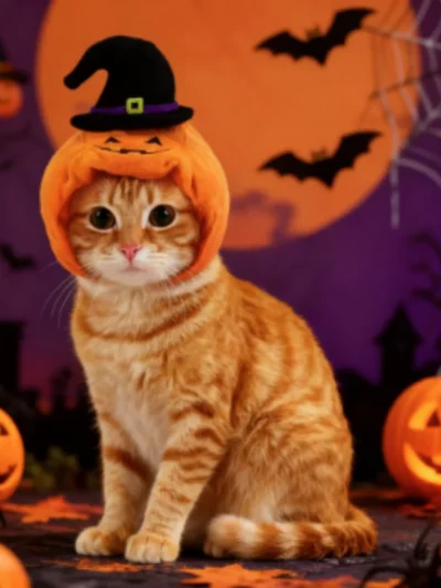 ⭐ Halloween Pumpkin Pet Hat – Plush Woven Headdress for Cats & Small Dogs