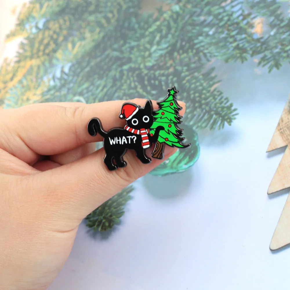 ⭐ Black Cat “What?” Christmas Brooch – Festive Feline Attitude in Enamel - Image 3