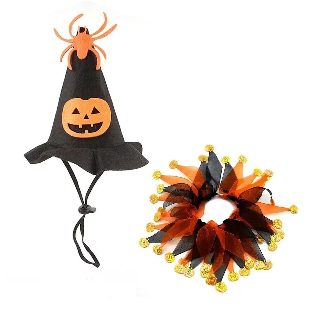 ⭐Kawaii Pumpkin Halloween Cat Costume – Adjustable Collar, Hat & Mesh Scarf Set - Image 2