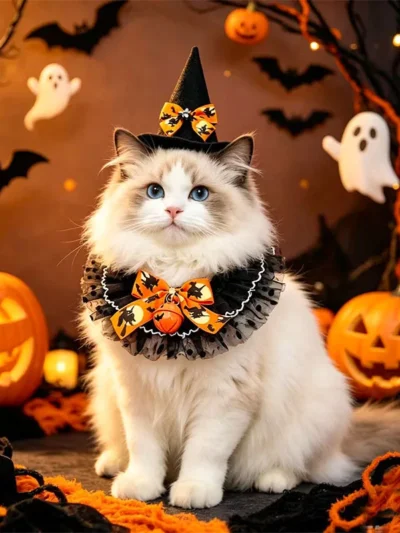 ⭐ Halloween Pet Witch Hat & Lace Collar – Pumpkin Bell Bow Cosplay Set