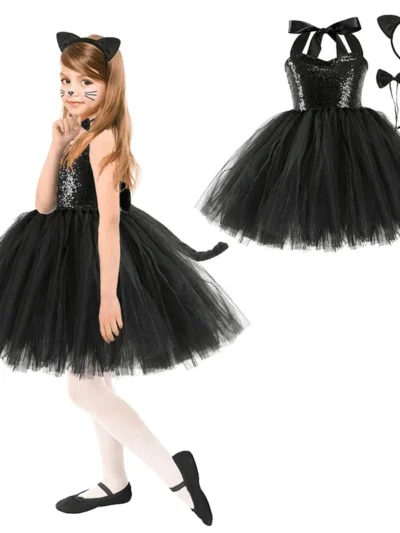 ⭐Kawaii Cat Cosplay Party Dress – Mesh Tutu, Headdress & Tail Set