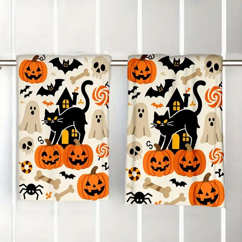 ⭐ Black Cat Harvest Towels – Cartoon Pumpkin Print (2pc Set) - Image 12