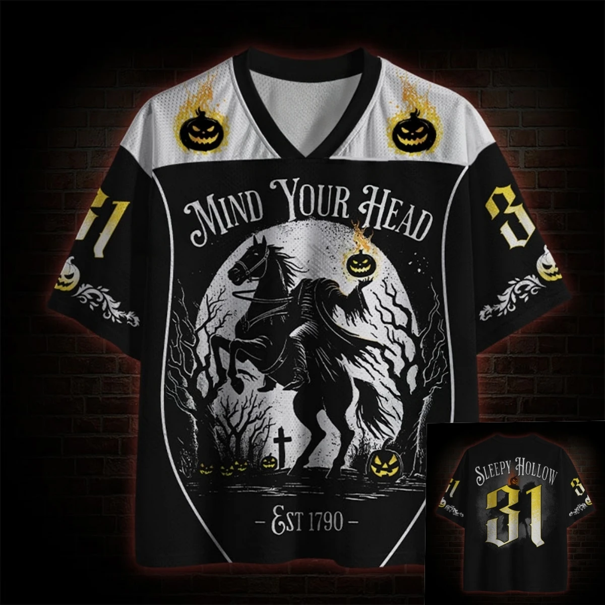 ⭐ Halloween Retro Gothic Cat Jersey – Vintage Pumpkin & Skull Graphic - Image 10