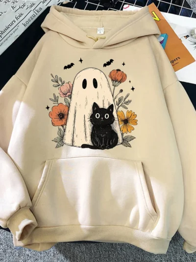 ⭐ Cute Halloween Cat Pullover – Women’s Vintage Ramen Flower Pumpkin Hoodie
