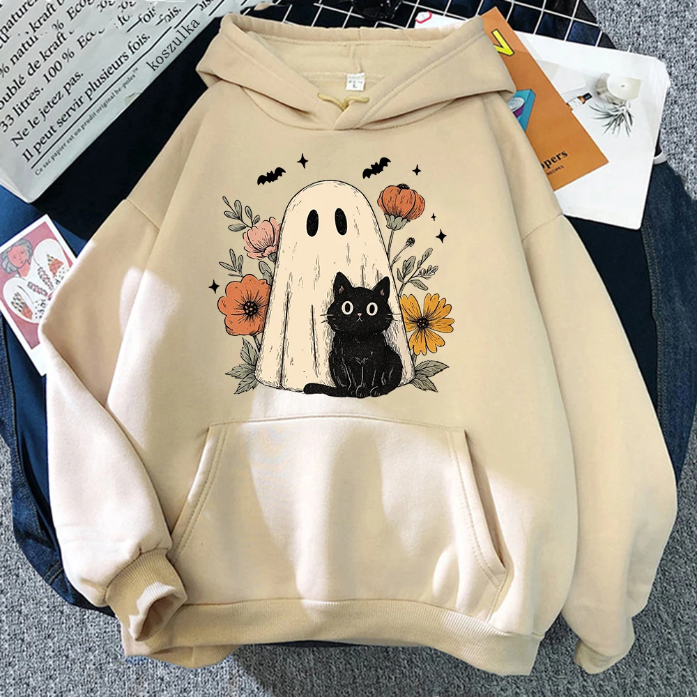⭐ Cute Halloween Cat Pullover – Women’s Vintage Ramen Flower Pumpkin Hoodie