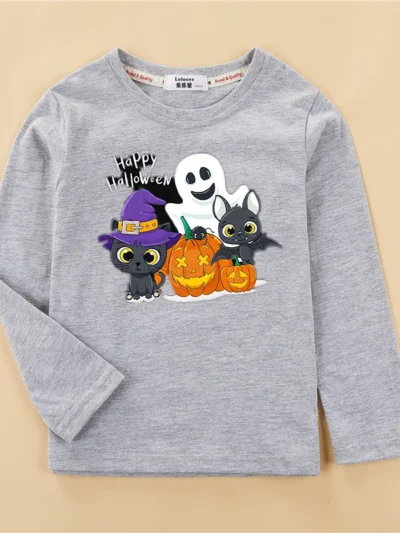 ⭐ Halloween Pumpkin Kids Long Sleeve – Cartoon Autumn Tee (3–14T)