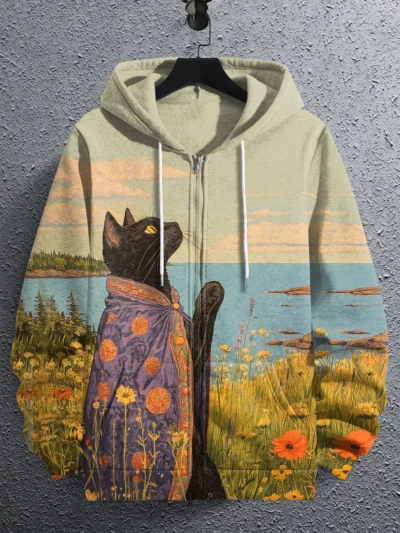 ⭐ 3D Cartoon Cat Hoodie – Funny Full Graphic Zipper Sweatshirt for Halloween