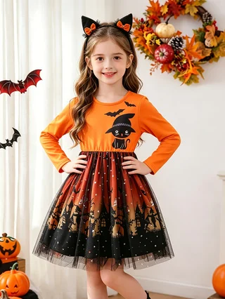 ⭐ Halloween Long‑Sleeve Cat & Bat Print Dress – Castle Tulle Puffy Skirt for Girls - Image 9