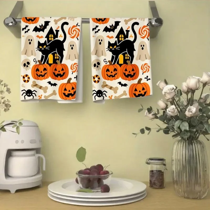 ⭐ Black Cat Harvest Towels – Cartoon Pumpkin Print (2pc Set) - Image 13
