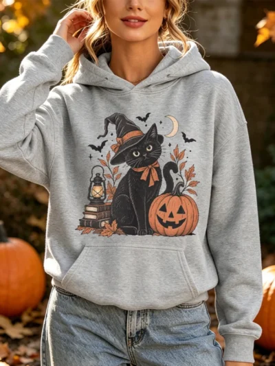 ⭐ Halloween Witch Cat Graphic Hoodie – Cute Fall Pullover for Women