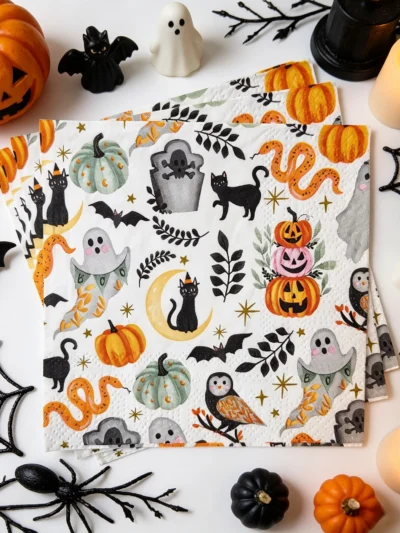 ⭐ Black Cat & Boo Crew Halloween Cocktail Napkins (20pcs) — warm, whimsical, hostess‑approved cattitude