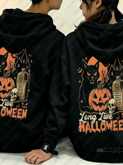 ⭐ Cat & Pumpkin Couple Hoodie – Casual Loose Pure Cotton Halloween Sweatshirt